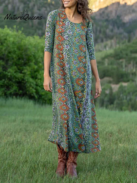 Women's Retro Floral Print Round Neck 3/4 Sleeve Casual Loose Dress