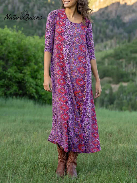 Women's Retro Floral Print Round Neck 3/4 Sleeve Casual Loose Dress