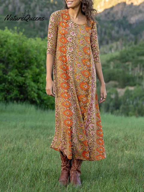 Women's Retro Floral Print Round Neck 3/4 Sleeve Casual Loose Dress