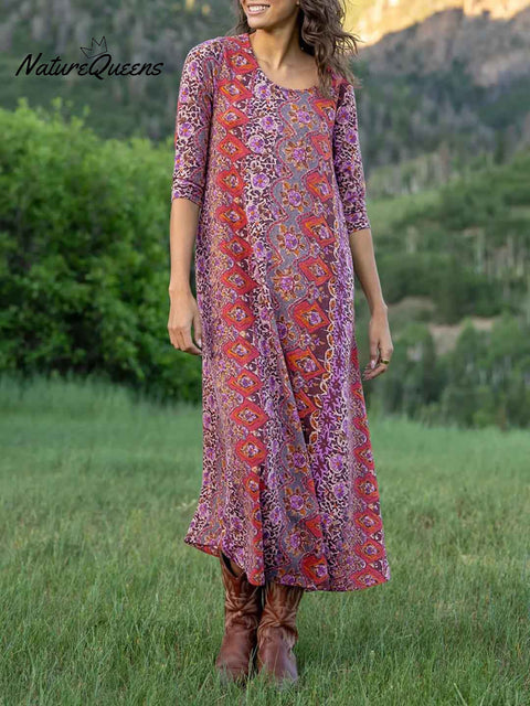 Women's Retro Floral Print Round Neck 3/4 Sleeve Casual Loose Dress