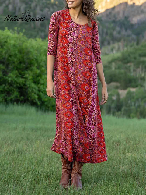 Women's Retro Floral Print Round Neck 3/4 Sleeve Casual Loose Dress