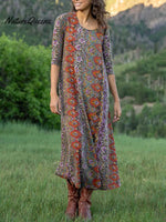 Women's Retro Floral Print Round Neck 3/4 Sleeve Casual Loose Dress