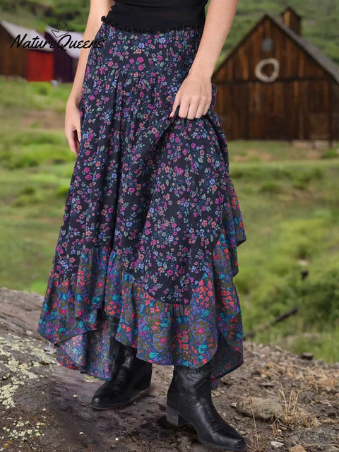 Women's Retro Floral Print Elastic Waist Casual Cotton and Linen Skirt Strapless Dress Two-Way Dress
