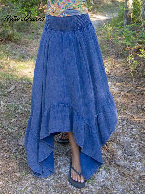 Women's Solid Color Elastic Waist Casual Cotton and Linen Skirt Off-the-Shoulder Dress Two-Way Dress