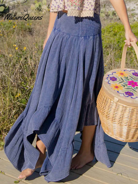 Women's Solid Color Elastic Waist Casual Cotton and Linen Skirt Off-the-Shoulder Dress Two-Way Dress