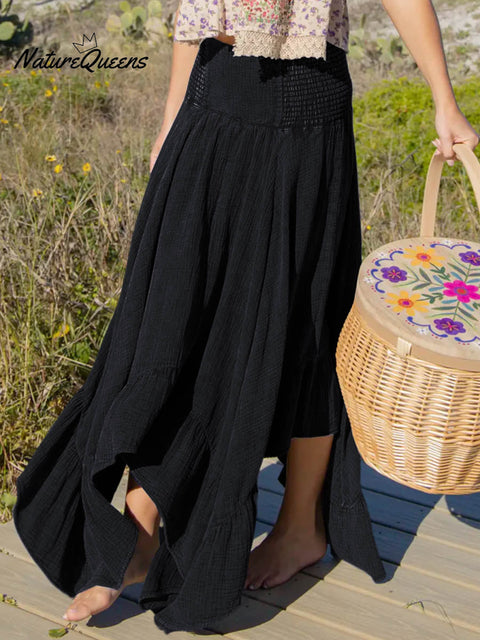 Women's Solid Color Elastic Waist Casual Cotton and Linen Skirt Off-the-Shoulder Dress Two-Way Dress