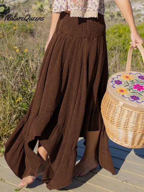 Women's Solid Color Elastic Waist Casual Cotton and Linen Skirt Off-the-Shoulder Dress Two-Way Dress