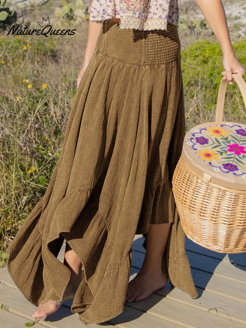 Women's Solid Color Elastic Waist Casual Cotton and Linen Skirt Off-the-Shoulder Dress Two-Way Dress