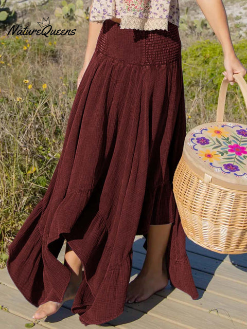 Women's Solid Color Elastic Waist Casual Cotton and Linen Skirt Off-the-Shoulder Dress Two-Way Dress