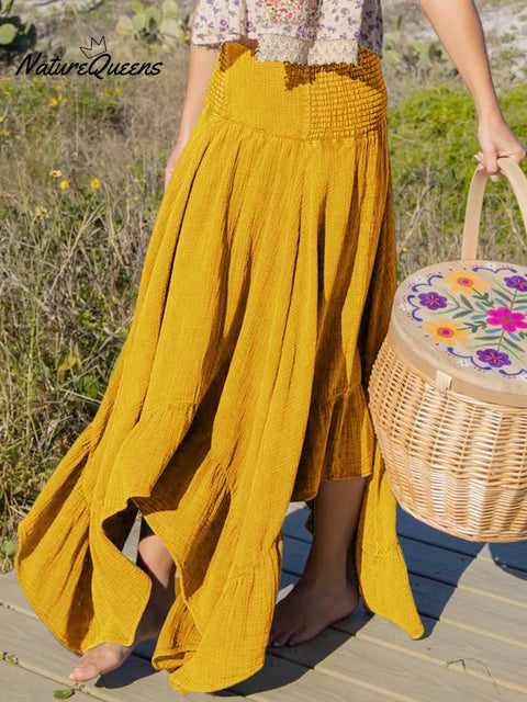 Women's Solid Color Elastic Waist Casual Cotton and Linen Skirt Off-the-Shoulder Dress Two-Way Dress