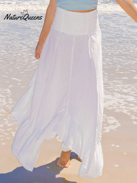 Women's Solid Color Elastic Waist Casual Cotton and Linen Skirt Off-the-Shoulder Dress Two-Way Dress