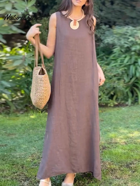 Women's Solid Color Round Neck Sleeveless Vest Cotton and Linen Dress