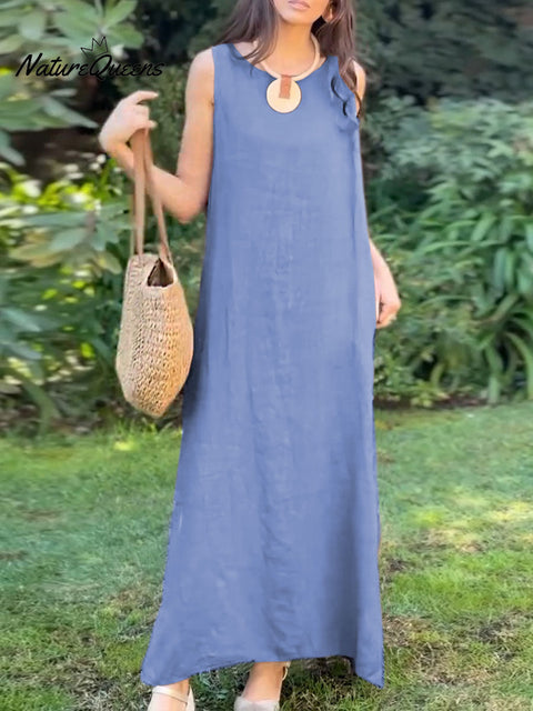 Women's Solid Color Round Neck Sleeveless Vest Cotton and Linen Dress