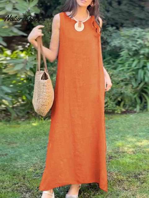 Women's Solid Color Round Neck Sleeveless Vest Cotton and Linen Dress