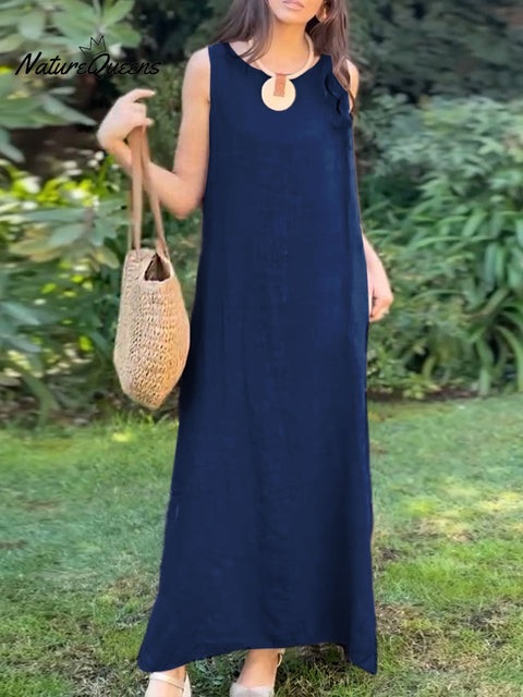 Women's Solid Color Round Neck Sleeveless Vest Cotton and Linen Dress