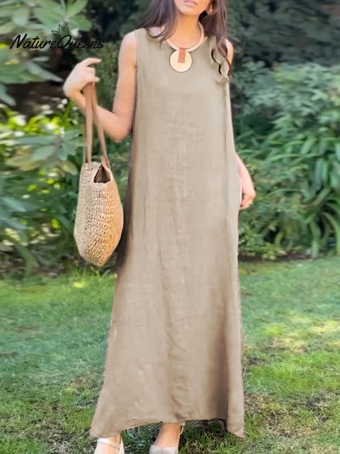 Women's Solid Color Round Neck Sleeveless Vest Cotton and Linen Dress