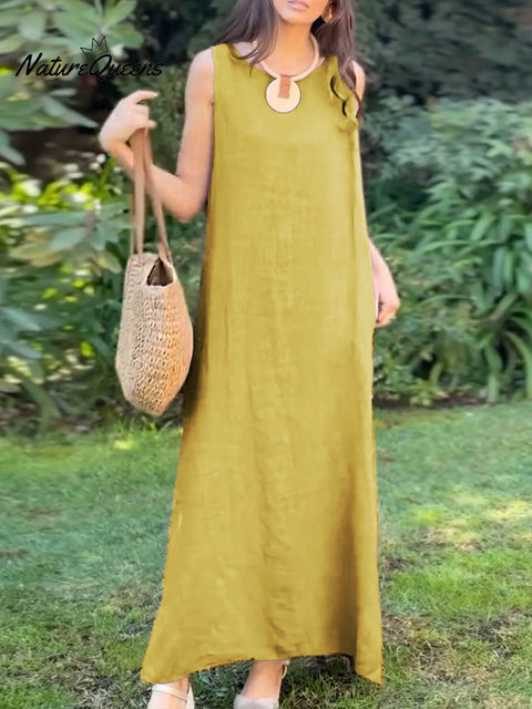 Women's Solid Color Round Neck Sleeveless Vest Cotton and Linen Dress