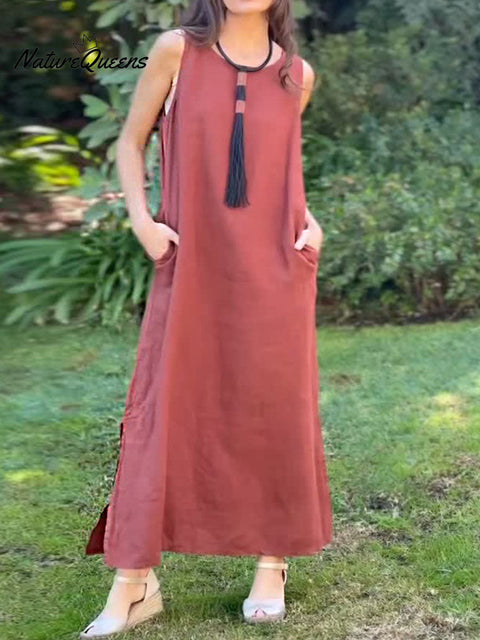 Women's Solid Color Round Neck Sleeveless Vest Cotton and Linen Dress