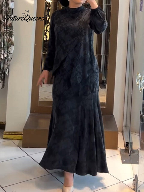 Women's Abstract Geometric Print Round Neck Long-Sleeved Casual Loose-Fit Stretch Top with High-Rise Elastic Waist Skirt Set