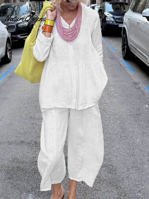 Women's Solid Color V-Neck Long Sleeve Casual Cotton and Linen Top Elastic Waist Casual Cotton and Linen Cropped Wide-Leg Pants Set