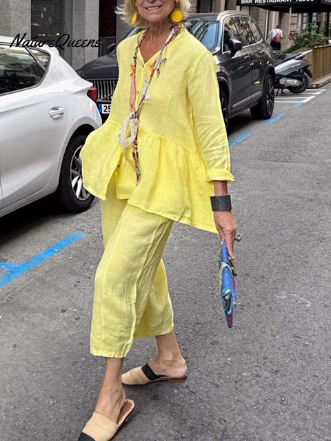 Women's Solid Color V-Neck Long Sleeve Casual Cotton and Linen Top Elastic Waist Casual Cotton and Linen Cropped Wide-Leg Pants Set