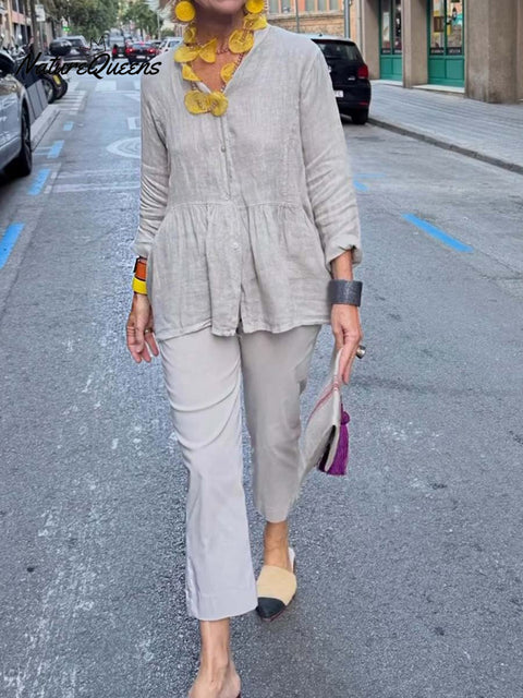 Women's Solid Color V-Neck Long Sleeve Casual Cotton and Linen Top Elastic Waist Casual Cotton and Linen Cropped Wide-Leg Pants Set