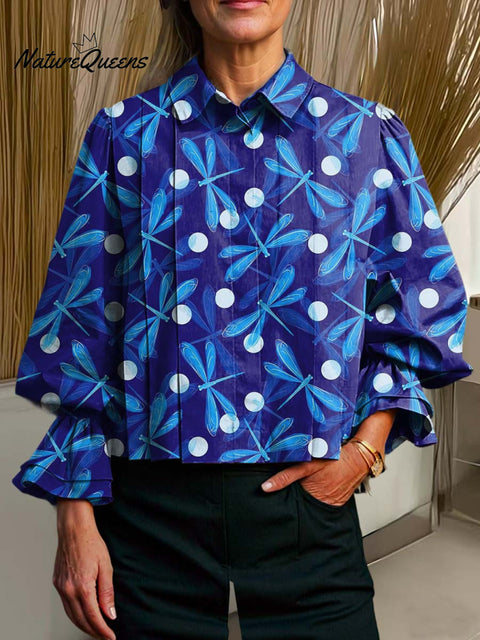Women's Lapel Dragonfly Print Long Sleeve Casual Cotton and Linen Shirt
