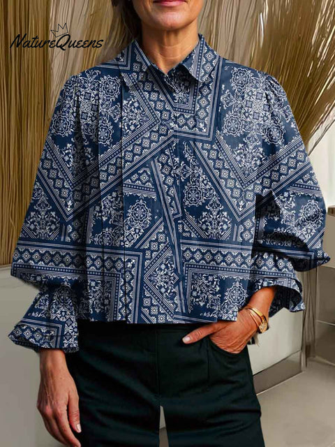 Women's Lapel Geometric Retro Pattern Print Long Sleeve Casual Cotton and Linen Shirt