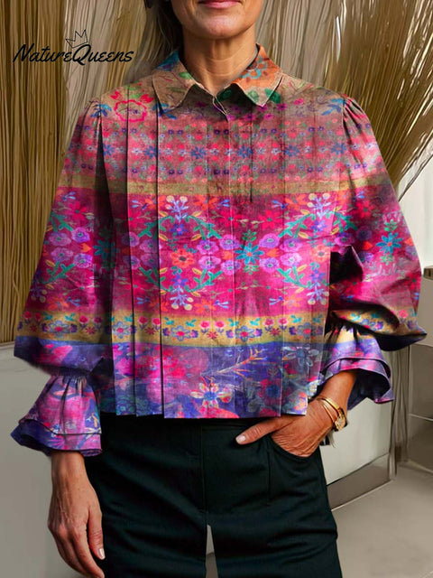 Women's Lapel Retro Graphic Print Long Sleeve Casual Cotton and Linen Shirt