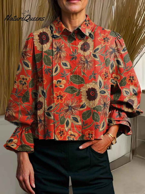 Women's Lapel Sunflower Print Long Sleeve Casual Cotton and Linen Shirt