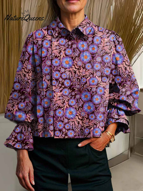 Women's Lapel Floral Print Long Sleeve Casual Cotton and Linen Shirt