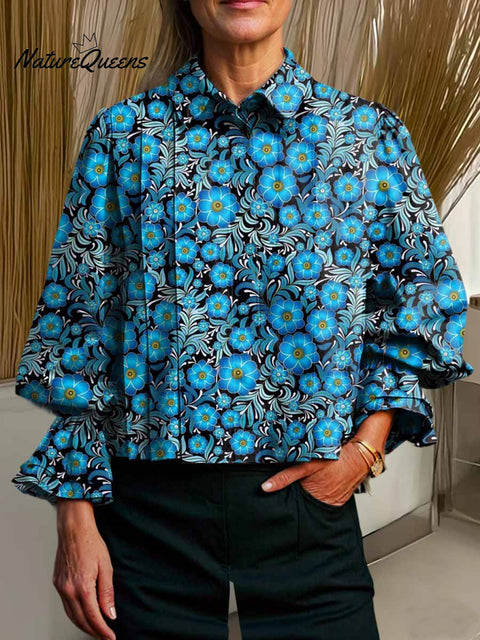Women's Lapel Floral Print Long Sleeve Casual Cotton and Linen Shirt