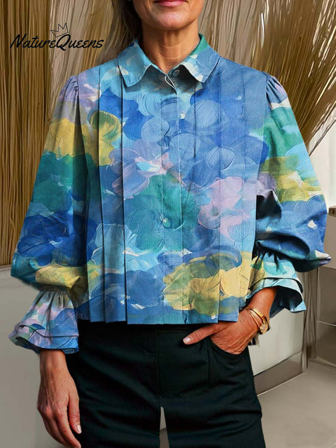 Women's Lapel Abstract Pattern Print Long Sleeve Casual Cotton and Linen Shirt