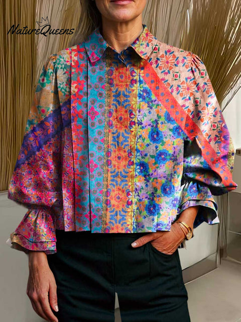 Women's Lapel Geometric Floral Print Long Sleeve Casual Cotton and Linen Shirt