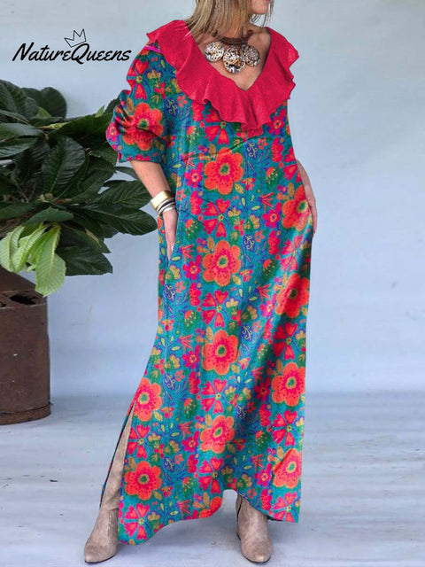 Women's Ruffle V-neck Retro Floral Print Long Sleeve Casual Cotton and Linen Dress