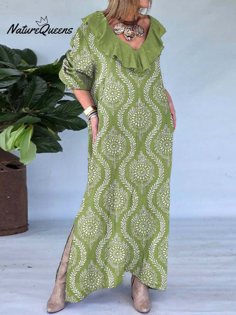 Women's Ruffled V-neck Ethnic Geometric Pattern Print Long Sleeve Casual Cotton and Linen Dress