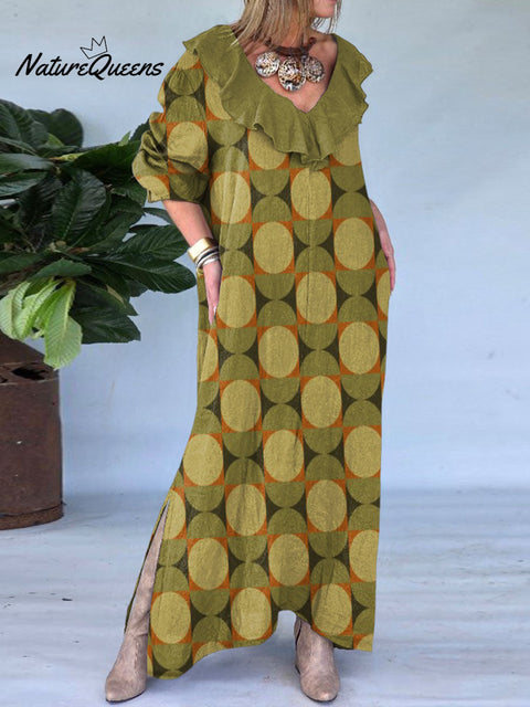 Women's Ruffled V-neck Geometric Print Long Sleeve Casual Cotton and Linen Dress