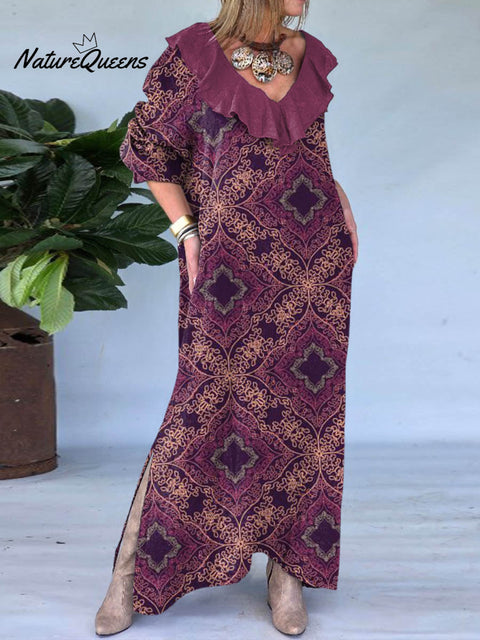 Women's Ruffled V-neck Ethnic Geometric Pattern Print Long Sleeve Casual Cotton and Linen Dress