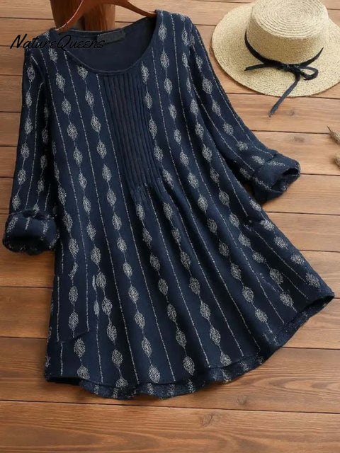 Women's Round Neck Geometric Print Long Sleeve Casual Cotton and Linen Top