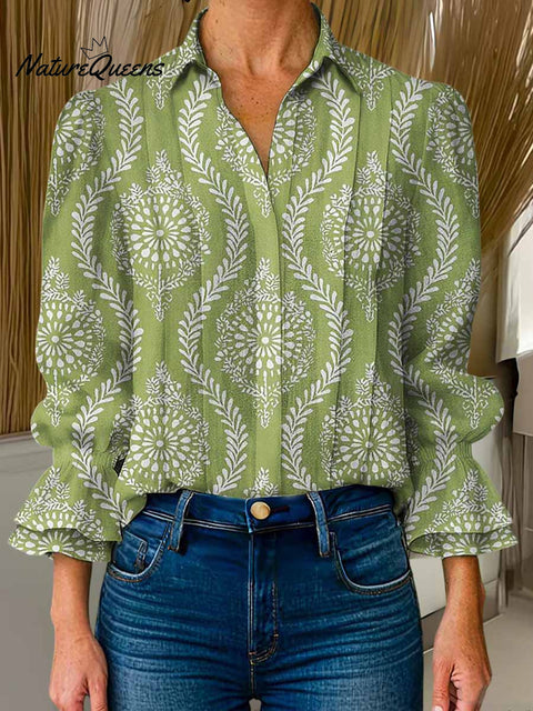 Women's Geometric Print Lapel Long Sleeve Casual Cotton and Linen Shirt