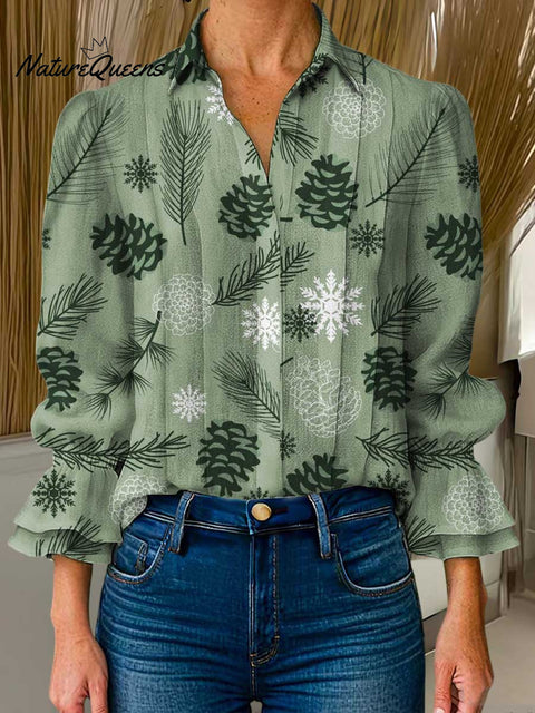 Women's Christmas Print Lapel Long Sleeve Casual Cotton and Linen Shirt