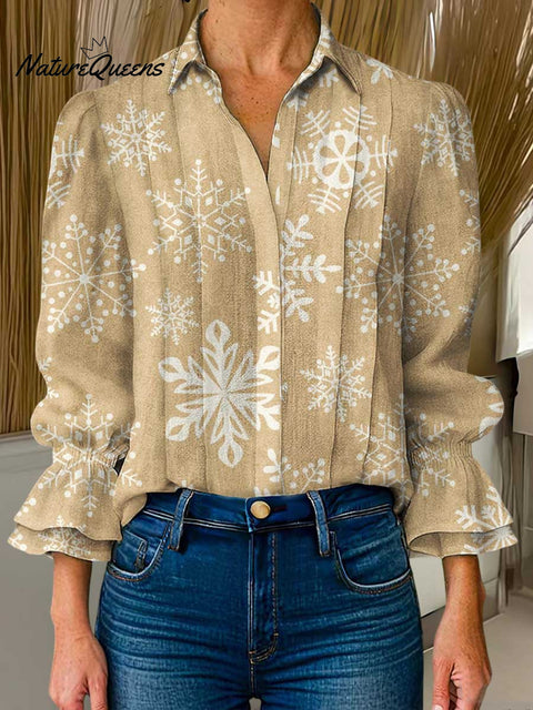 Women's Christmas Print Lapel Long Sleeve Casual Cotton and Linen Shirt
