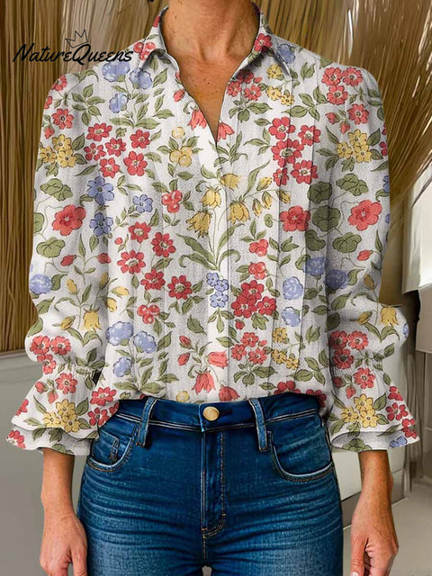 Women's Floral Print Lapel Long Sleeve Casual Cotton and Linen Shirt