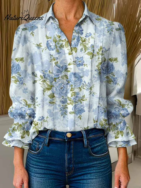 Women's Floral Print Lapel Long Sleeve Casual Cotton and Linen Shirt