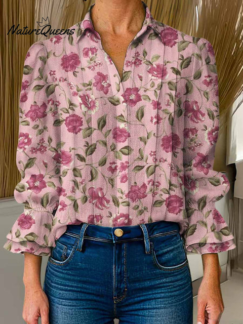 Women's Floral Print Lapel Long Sleeve Casual Cotton and Linen Shirt