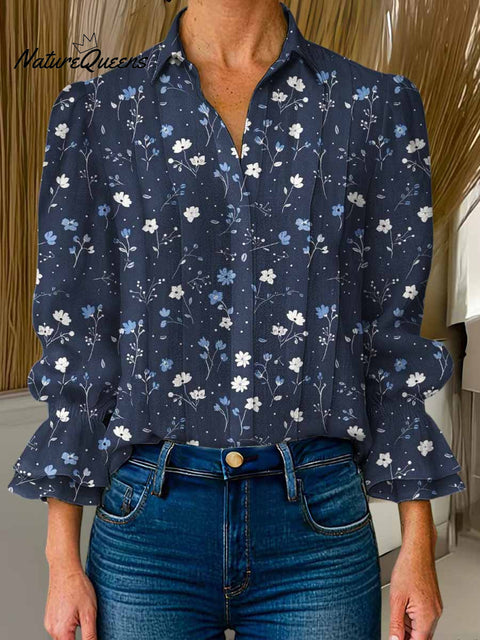 Women's Floral Print Lapel Long Sleeve Casual Cotton and Linen Shirt