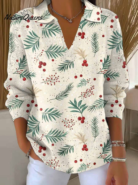 Women's Christmas Print Lapel Long Sleeve Knitted Pullover Sweater