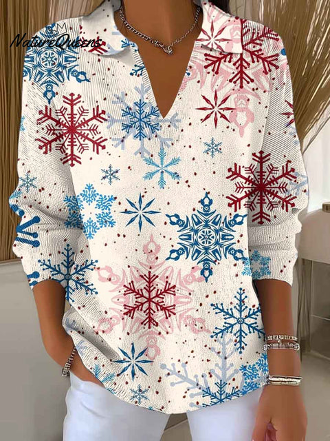 Women's Christmas Print Lapel Long Sleeve Knitted Pullover Sweater