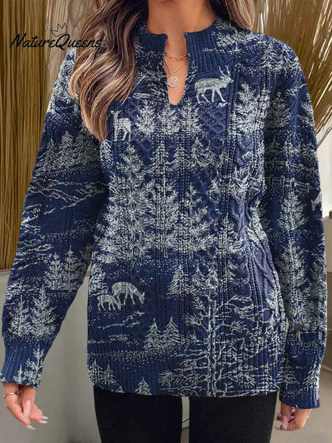 Women's Christmas Print V-Neck Long Sleeve Knitted Pullover Sweater