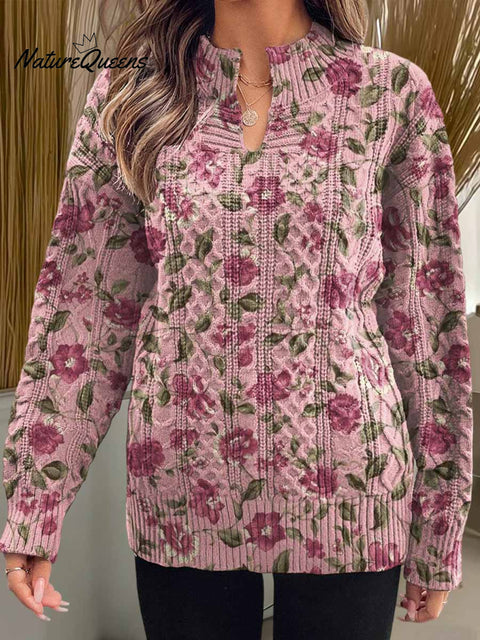 Women's Floral Print V-Neck Long Sleeve Knitted Pullover Sweater